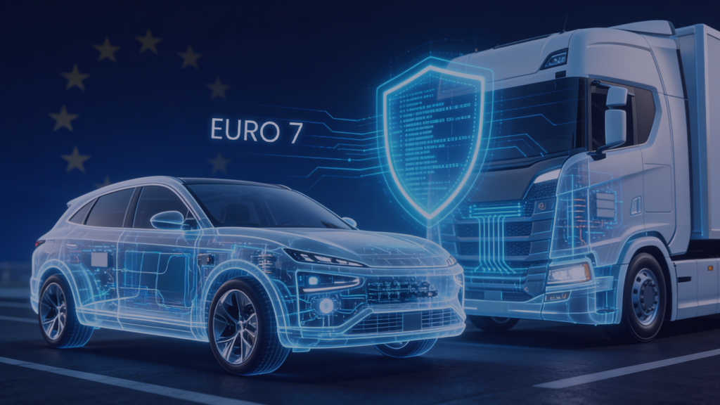 Passenger vehicle and heavy-duty truck with highlighted ECU, battery management and emission systems protected by digital cybersecurity shield, symbolizing ISO/SAE 21434 and Euro 7 compliance.