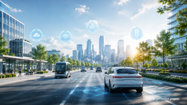 Bright futuristic smart city with connected autonomous vehicles, digital infrastructure, and cooperative mobility technologies representing scenario-based validation and CCAM development.