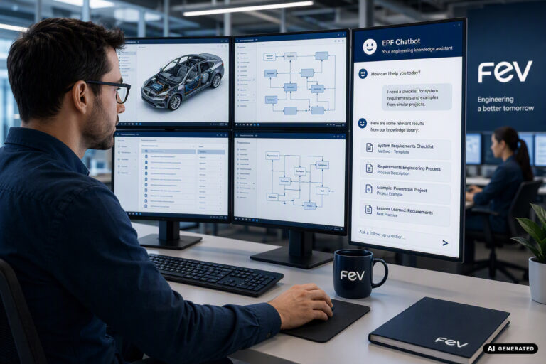 An FEV engineer working at a multi-monitor workstation, using the AI-powered EPF Chatbot to review system requirements and engineering processes for a vehicle digital twin.
