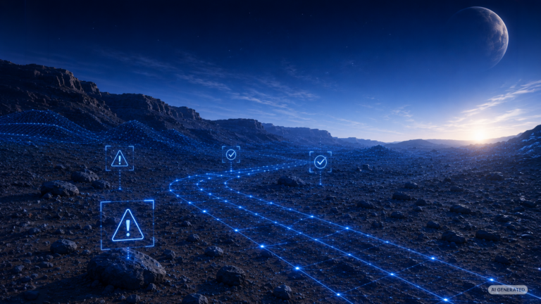 Illustration of autonomous planetary navigation with AI-based terrain analysis, hazard detection, and Functional Safety concepts for space exploration.