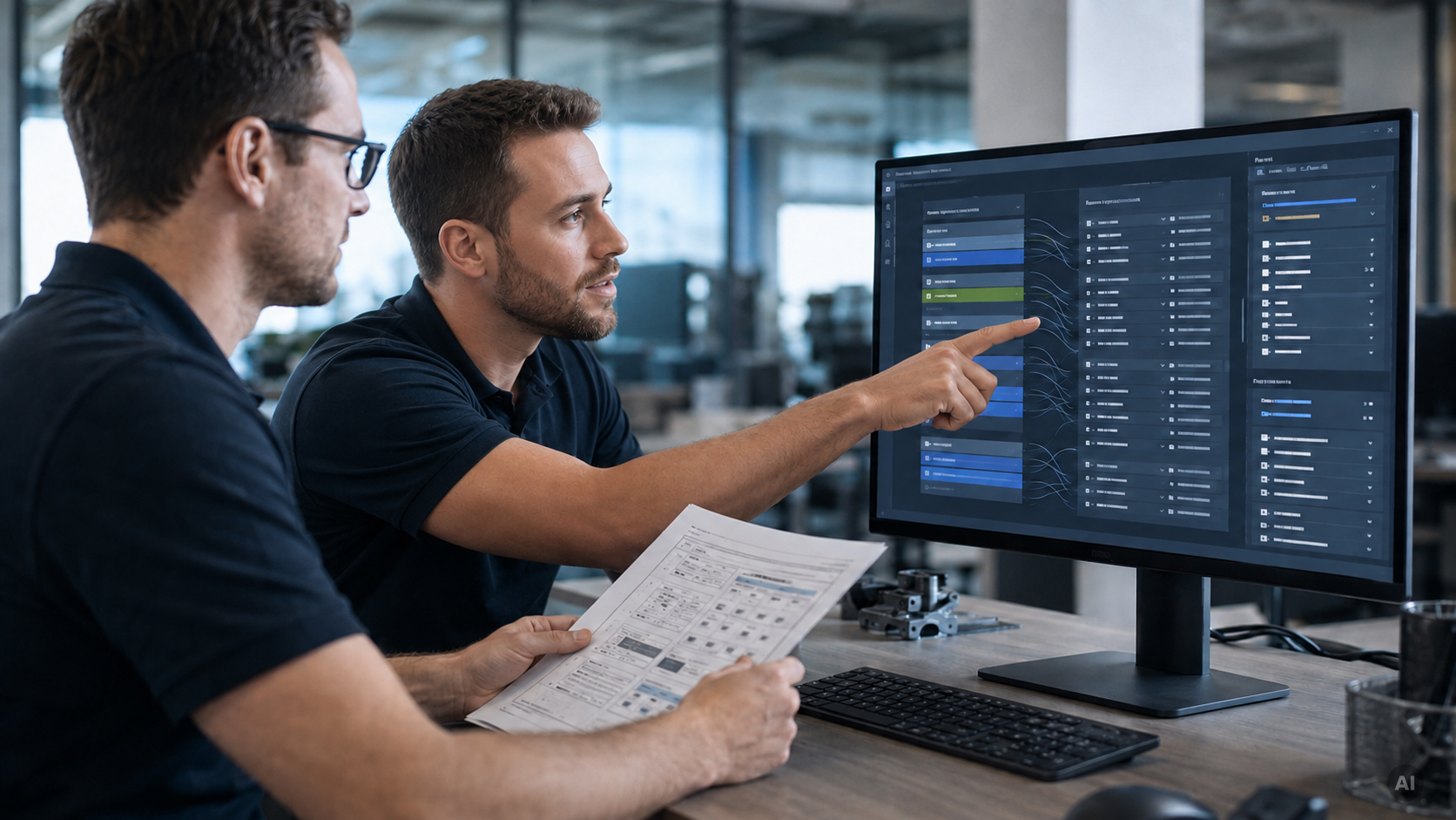 Agentic Testing: Design Downwards. Validate Across. Two engineers in an office, with one pointing at a detailed complex data dashboard on a large monitor, demonstrating the expert-in-the-loop review process.
