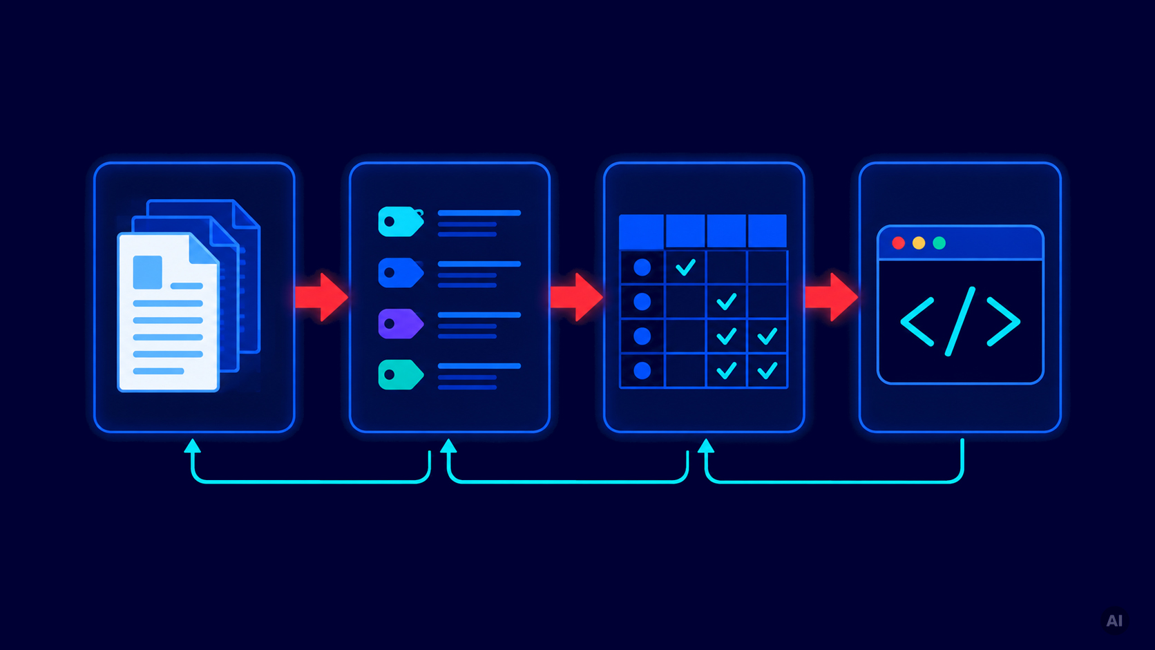 Agentic Testing: Design Downwards. Validate Across. Flowchart showing AI-generated cascade from source documents to requirements, test specifications, and code with bidirectional source citations.
