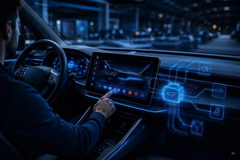 A futuristic vehicle cockpit at night showing a driver touching a digital dashboard display, with glowing blue digital circuits and a microchip graphic illustrating in-vehicle edge AI processing.