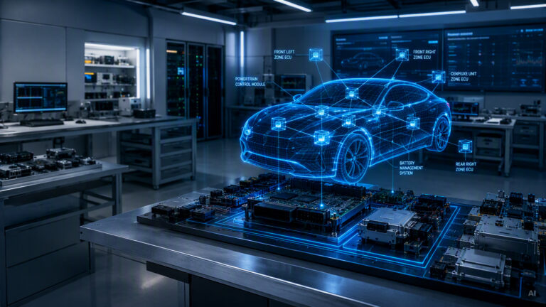 Centralized EE Architecture in SDVs testing board and car wireframe